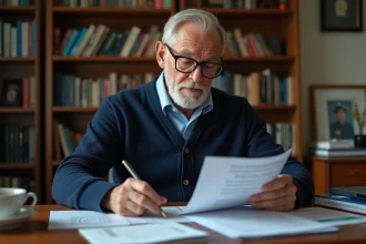 Ancien combattant retraité consultant des documents sur la retraite mutualiste des combattants à son bureau