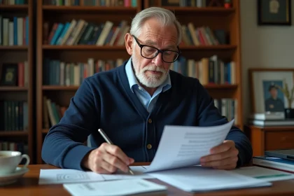 Ancien combattant retraité consultant des documents sur la retraite mutualiste des combattants à son bureau