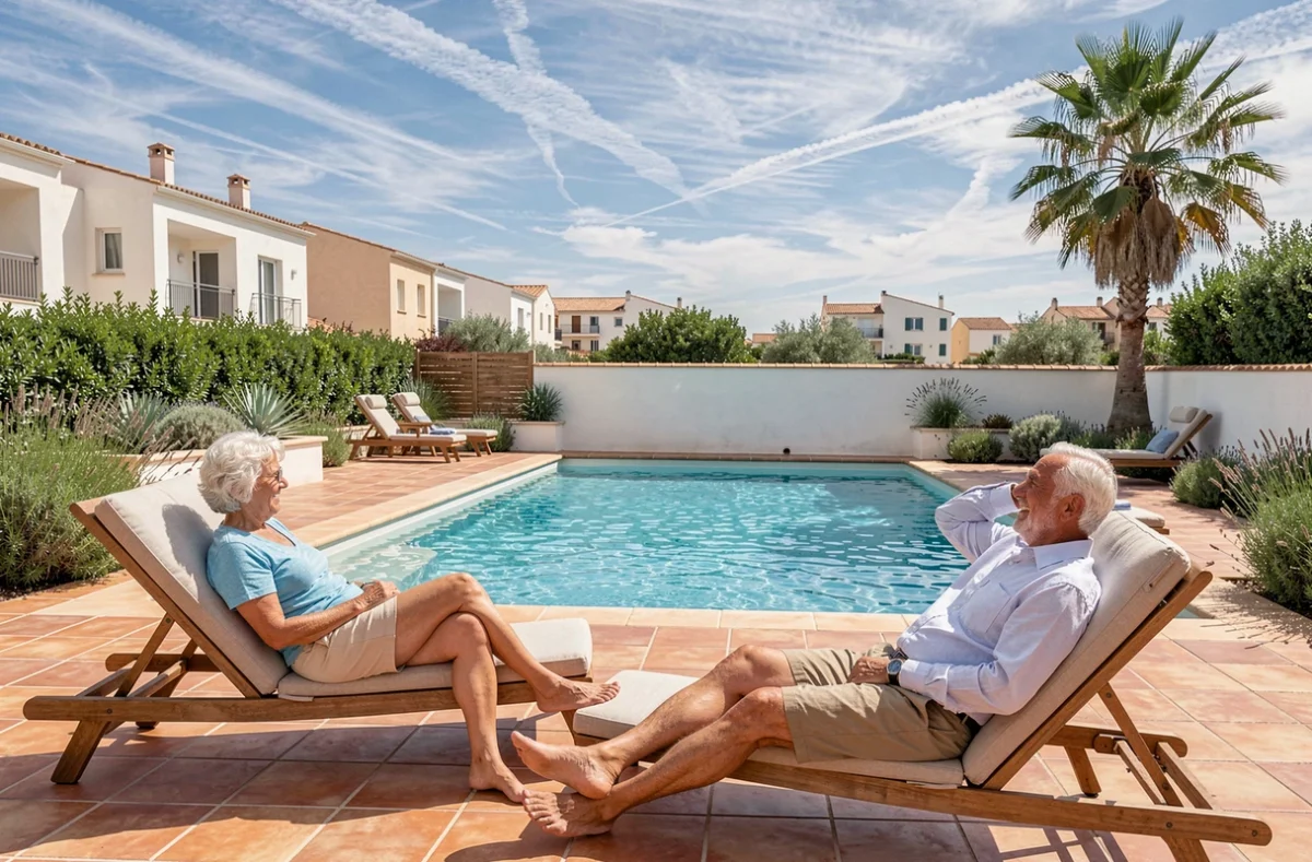 Villages d'Or Castelnau-le-Lez : couple senior se relaxant au bord d'une piscine dans une résidence haut de gamme près de Montpellier