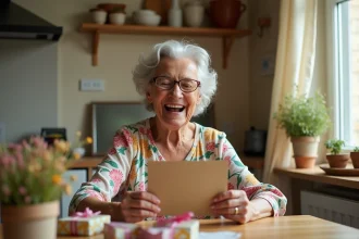 Femme de 70 ans qui rit en lisant une carte d'anniversaire humoristique entourée de cadeaux sur une table en bois