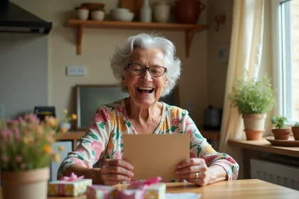 Femme de 70 ans qui rit en lisant une carte d'anniversaire humoristique entourée de cadeaux sur une table en bois